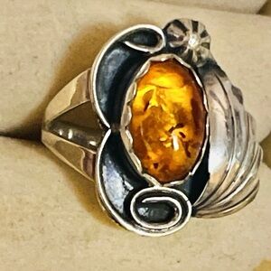 VTG Lot Sterling Silver Native American Navajo Amber Ring Sz 6.25